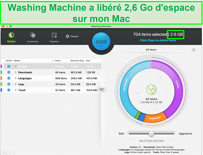 Capture d'écran de la fonction Washing Machine sur Intego identifiant les fichiers indésirables à supprimer