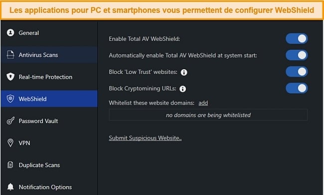 Capture d'écran du menu Paramètres de TotalAV contenant le bouton bascule WebShield