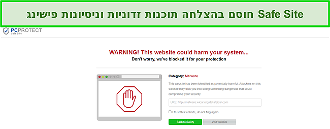 צילום מסך של האתר הבטוח של PC Protect חוסם בהצלחה ניסיון זדוני.