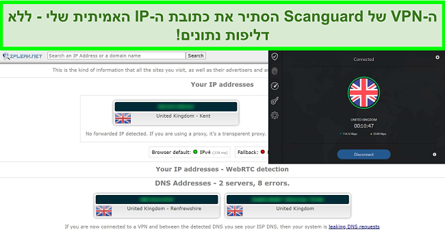 צילום מסך של ה- VPN של סקאנגארד ובדיקת דליפת IP שלא מראה דליפות נתונים.