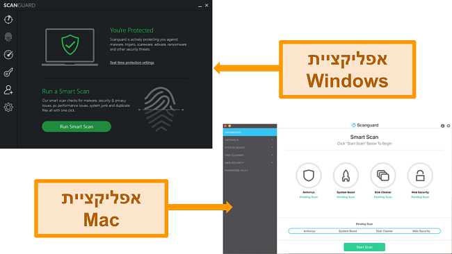 צילומי מסך של ממשקי Windows ו- Mac של Scanguard.