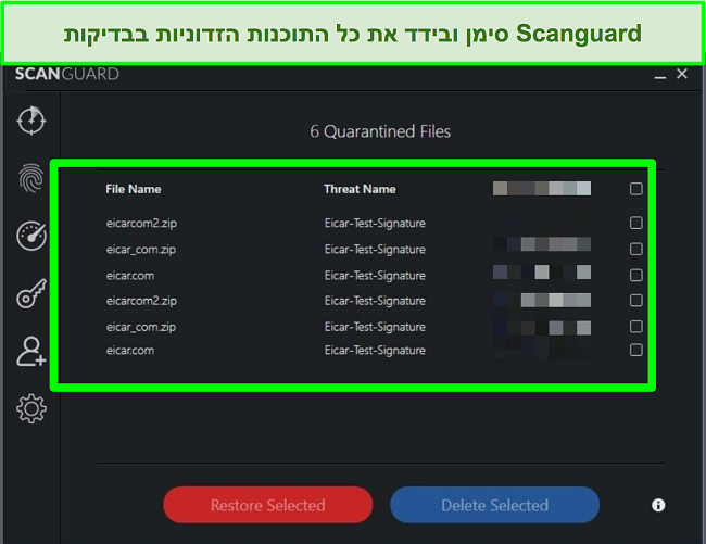 צילום מסך של ההסגר של סקנגארד עם מספר קבצי בדיקה של תוכנות זדוניות.