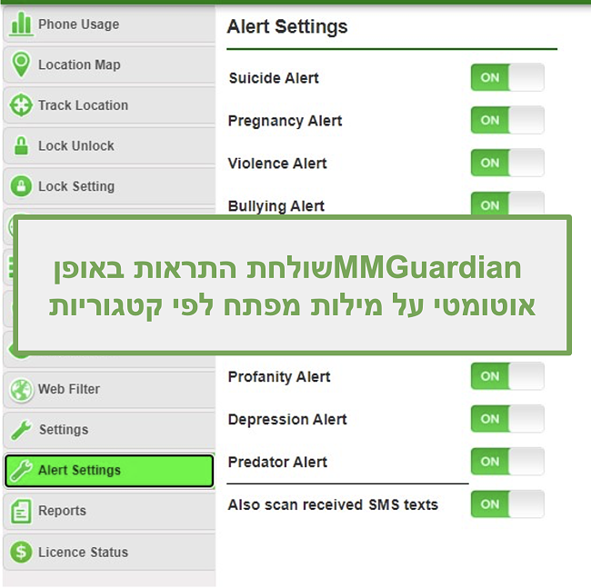 צילום מסך של MMGuardian שולח התראות אוטומטית למילות מפתח מבוססות קטגוריה