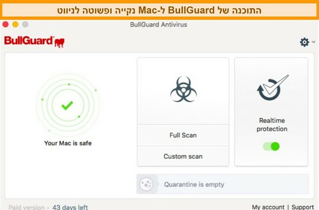 צילום מסך של הממשק הראשי של BullGuard עבור Mac