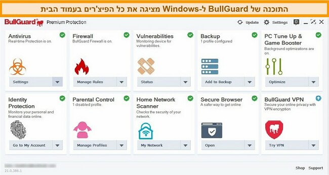 צילום מסך של הממשק הראשי של BullGuard כפי שהוא מופיע ב- Windows.