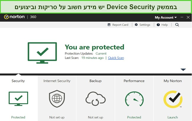 צילום מסך של לוח המחוונים של Norton Device Security עבור Windows.