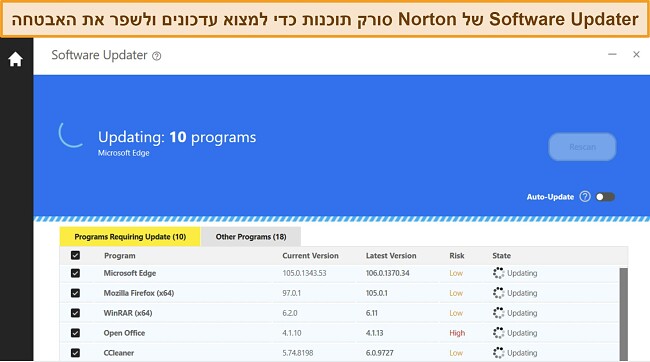 צילום מסך של עדכון התוכנה של Norton מעדכן 10 תוכניות כדי להגן מפני פרצות אפליקציות.