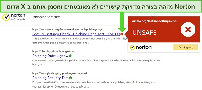 צילום מסך של תוסף הדפדפן Safe Search של Norton מזהה במדויק כתובות URL בטוחות ולא בטוחות