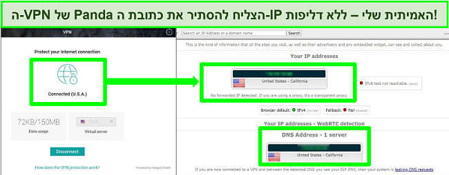 תמונת מסך של ה- VPN של פנדה המחוברת לשרת אמריקאי ותוצאות בדיקת דליפות IPLeak.net.
