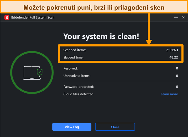 Snimka zaslona završenog skeniranja Bitdefender sustava.