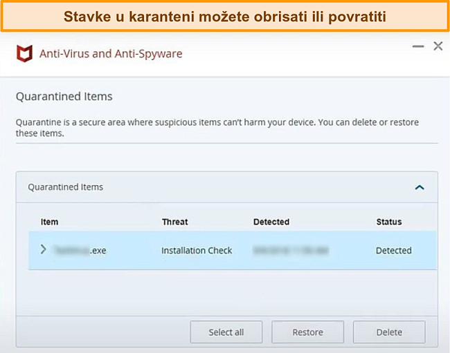 Snimka zaslona značajke karantene McAfee