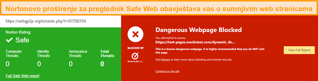 Snimak zaslona Norton Safe Weba koji potvrđuje da je web mjesto sigurno ili opasno.