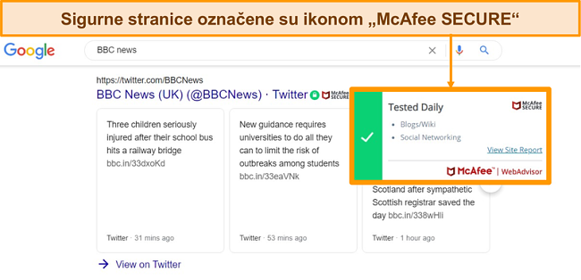Snimka zaslona Googleove web pretrage s McAfee WebAdvisorom koja pokazuje da je web mjesto autentično i sigurno