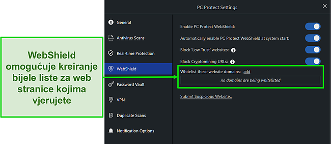 Snimka zaslona postavki WebShielda PC Protect koja će vas zaštititi na mreži.