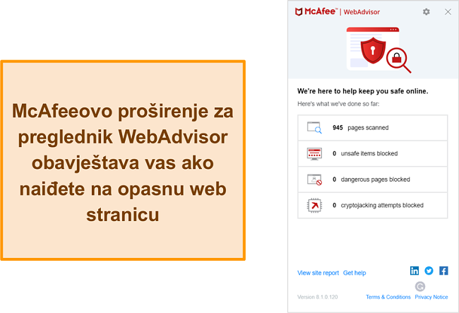 Snimka zaslona značajke WebAdvisor na web mjestu McAfee