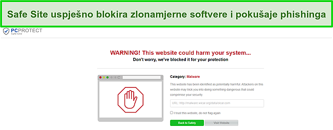 Snimka zaslona sigurne web stranice PC Protect uspješno blokira pokušaj zlonamjernog softvera.