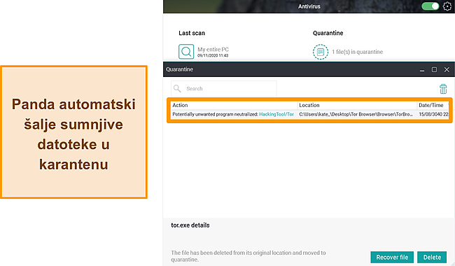 Snimka zaslona Pandine značajke karantene s istaknutom datotekom u karanteni.