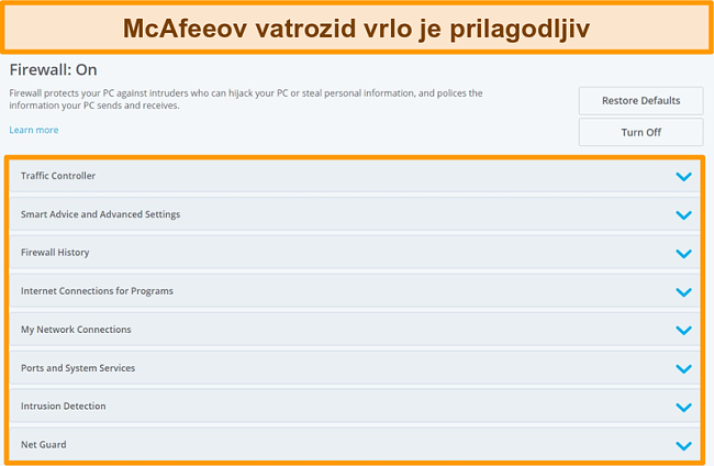 Snimka zaslona značajki zaštitnog zida McAfee
