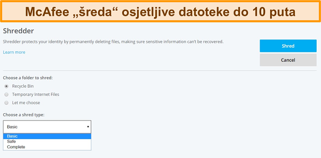 Snimka zaslona značajke McAfee Shredder