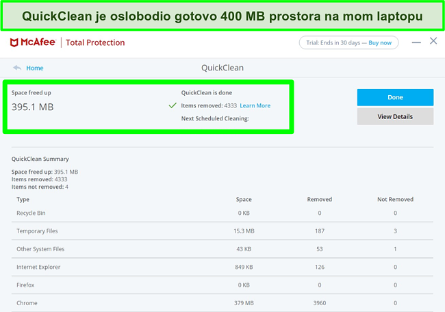 Snimka zaslona značajke McAfee QuickClean u sustavu Windows