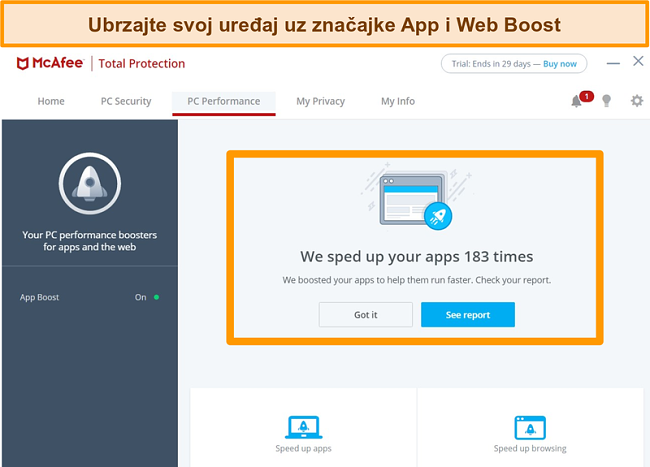 Snimka zaslona zaslona performansi računala McAfee