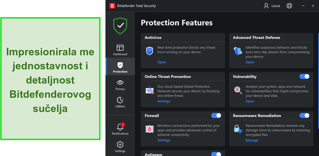 Snimak zaslona Bitdefenderovog Windows sučelja aplikacije