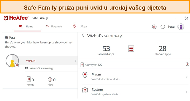 Snimka zaslona značajke roditeljskog nadzora tvrtke McAfee Safe Family povezane s iPhoneom