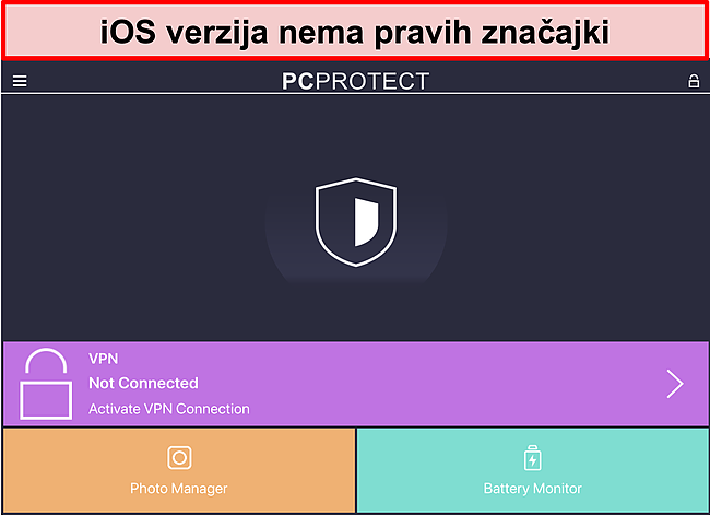Snimka zaslona iOS aplikacije PC Protect kojoj nedostaju stvarne značajke.