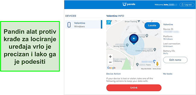 Snimka zaslona Pandinog alata za lociranje protiv krađe koji otkriva točnu lokaciju zaštićenog uređaja.