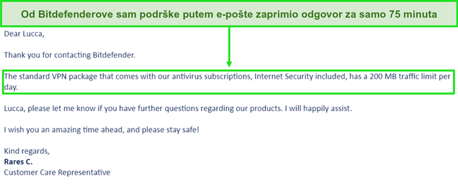 Snimka zaslona e-pošte za podršku od Bitdefendera.