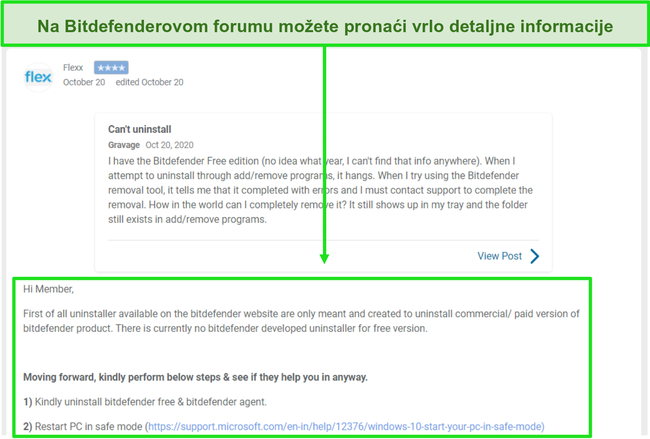 Snimak zaslona teme s foruma zajednice Bitdefender.