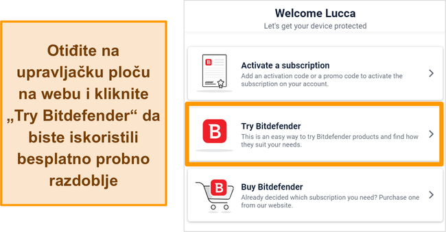 Snimka zaslona kako započeti probu za Bitdefender s njegove nadzorne ploče Bitdefender Central.