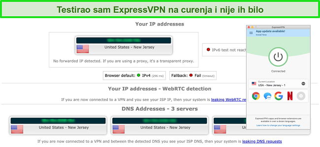 Snimka zaslona s expressvpn uspješnom prosljeđivanjem testa curenja IP-a, WebRTC-a i DNS-a dok ste povezani s poslužiteljem u SAD-u