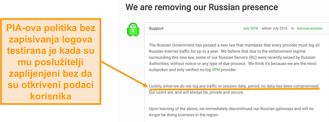 Snimka zaslona s web-mjestom privatnog internet pristupa VPN-a s objavom bloga koji opisuje razlog povlačenja PIA iz Rusije