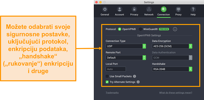 Snimka zaslona privatnog VPN-a za pristup internetu i njegove aplikacije za Mac koji prikazuje mogućnosti prilagodbe kartice Veza