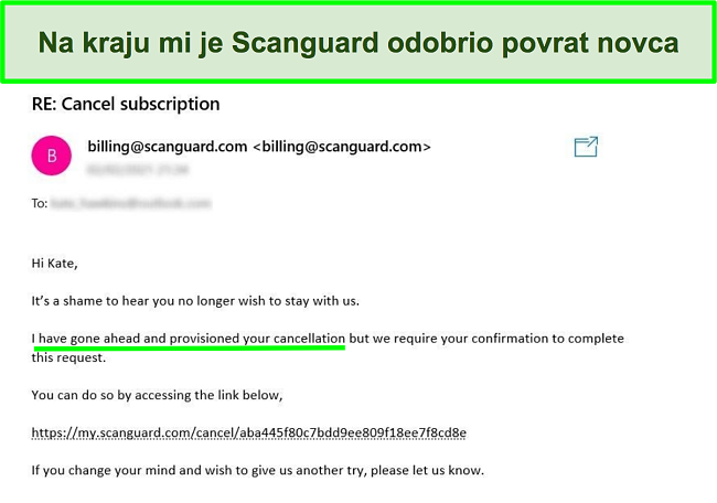 Snimka zaslona korisnika koji traži povrat novca uz jamstvo povrata novca od Scanguard tima za korisničku podršku