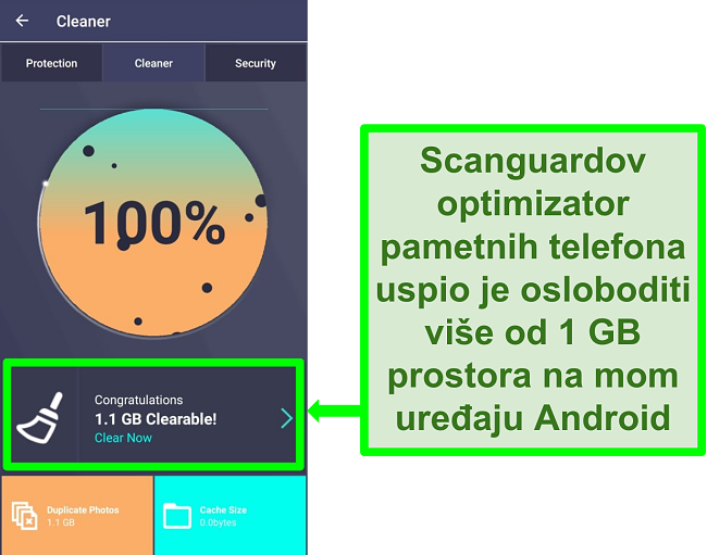 Snimka zaslona značajke Scanguard's Cleaner na Androidu briše više od 1 GB dupliciranih fotografija.