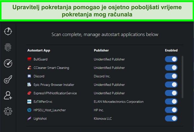 Snimka zaslona Scanguard Startup Managera s navedenim aplikacijama za automatsko pokretanje.