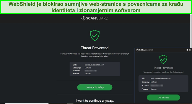Snimka zaslona Scanguardove značajke WebShield koja blokira pristup web stranici za testiranje zlonamjernog softvera.