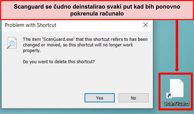 Snimka zaslona slomljenog prečaca Scanguarda na Windows računalu.