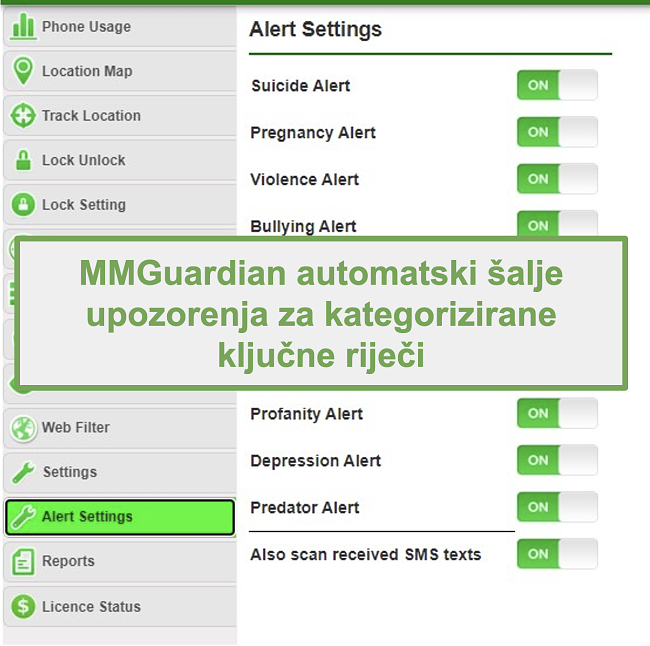 Snimka zaslona MMGuardiana koji automatski šalje upozorenja za ključne riječi temeljene na kategorijama