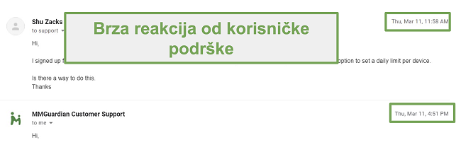Snimka zaslona brzog odgovora korisničke podrške