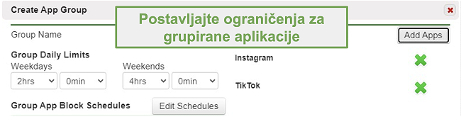Snimka zaslona postavljanja ograničenja za grupe aplikacija