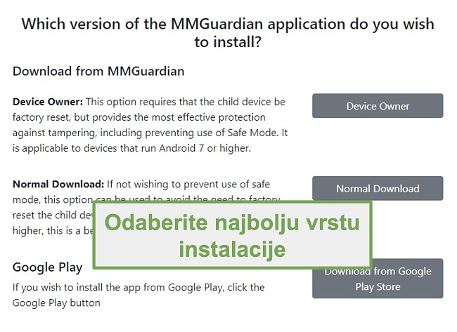 Snimka zaslona odabira vrste instalacije