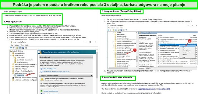 Snimka zaslona poruke podrške e-pošte BullGuard