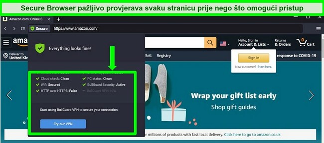 Snimka zaslona sigurnog preglednika BullGuard koji prikazuje sve sigurnosne provjere.
