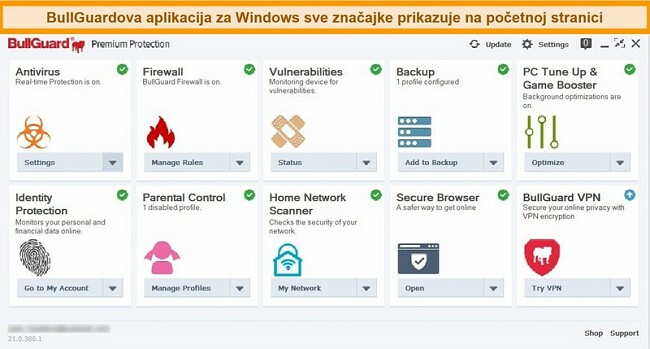 Snimka zaslona glavnog sučelja BullGuarda kako se pojavljuje na sustavu Windows.