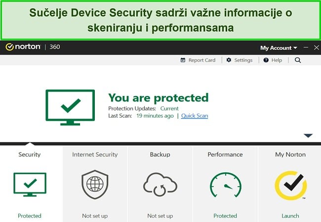 Snimka zaslona Nortonove nadzorne ploče Device Security za Windows
