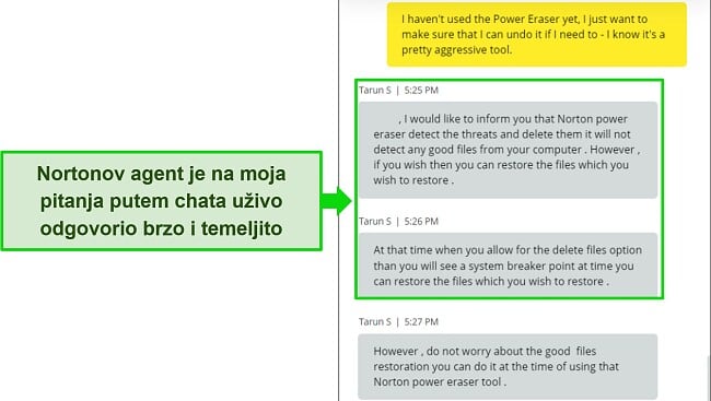 Snimka zaslona Nortonovog agenta za chat uživo koji odgovara na pitanje o alatu Power Eraser.