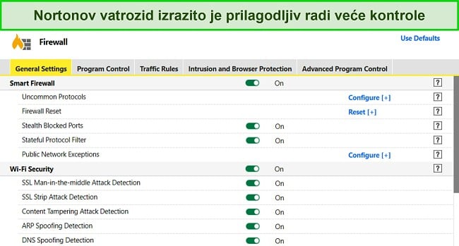 Snimka zaslona postavki Nortonovog vatrozida koje pokazuju visoku razinu prilagodljivosti.